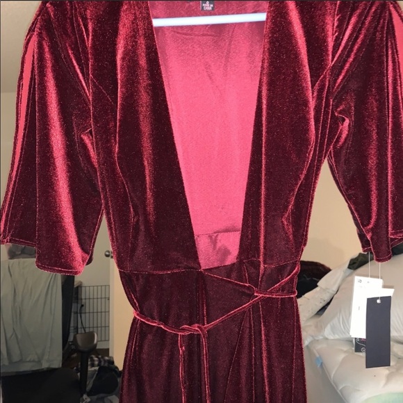 Red Velvet Plunging Neckline Maxi Wrap Dress - Picture 6 of 8